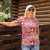 Red Tonga Kilisimasi Fiefia Women Polo Shirt Pacific Patchwork Xmas Vibes - Polynesian Pride