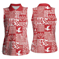 Red Tonga Kilisimasi Fiefia Women Sleeveless Polo Shirt Pacific Patchwork Xmas Vibes - Polynesian Pride
