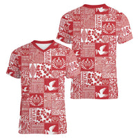 Red Tonga Kilisimasi Fiefia Women V-Neck T-Shirt Pacific Patchwork Xmas Vibes - Polynesian Pride