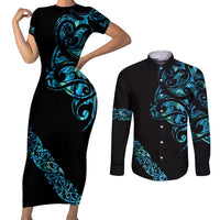 All Black Maori Tribal Tattoo Personalised Couples Matching Short Sleeve Bodycon Dress and Long Sleeve Button Shirt Polynesian Style