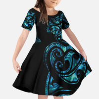 All Black Maori Tribal Tattoo Personalised Family Matching Off Shoulder Maxi Dress and Hawaiian Shirt Polynesian Style LT9 Daughter's Dress Black - Polynesian Pride