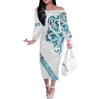 All White Maori Tribal Tattoo Personalised Family Matching Off The Shoulder Long Sleeve Dress and Hawaiian Shirt Polynesian Style