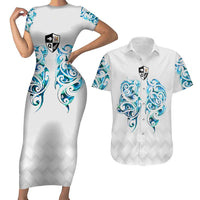 Queensland Maori Kiwi Personalised Couples Matching Short Sleeve Bodycon Dress and Hawaiian Shirt Ma Kakariki Papua Shell Maori Tribal Tattoo LT9 White - Polynesian Pride