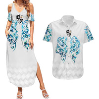 Queensland Maori Kiwi Personalised Couples Matching Summer Maxi Dress and Hawaiian Shirt Ma Kakariki Papua Shell Maori Tribal Tattoo LT9 White - Polynesian Pride