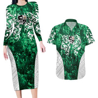 Queensland Maori Kiwi Personalised Couples Matching Long Sleeve Bodycon Dress and Hawaiian Shirt Kikirangi Papua Shell Maori Tribal Tattoo LT9 Green - Polynesian Pride