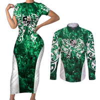 Queensland Maori Kiwi Personalised Couples Matching Short Sleeve Bodycon Dress and Long Sleeve Button Shirt Kikirangi Papua Shell Maori Tribal Tattoo LT9 Green - Polynesian Pride