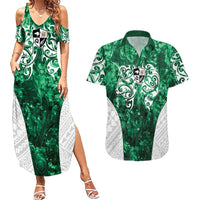 Queensland Maori Kiwi Personalised Couples Matching Summer Maxi Dress and Hawaiian Shirt Kikirangi Papua Shell Maori Tribal Tattoo LT9 Green - Polynesian Pride