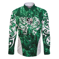 Queensland Maori Kiwi Personalised Family Matching Off Shoulder Maxi Dress and Hawaiian Shirt Kikirangi Papua Shell Maori Tribal Tattoo LT9 Dad's Shirt - Long Sleeve Green - Polynesian Pride