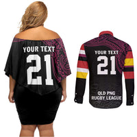 Queensland Papua New Guinea Custom Couples Matching Off Shoulder Short Dress and Long Sleeve Button Shirt All Black Pacific PNG Tribal Style
