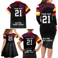 Queensland Papua New Guinea Custom Family Matching Long Sleeve Bodycon Dress and Hawaiian Shirt All Black Pacific PNG Tribal Style