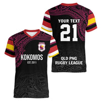 Queensland Papua New Guinea Custom Women V-Neck T-Shirt All Black Pacific PNG Tribal Style