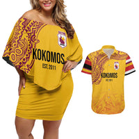 Queensland Papua New Guinea Custom Couples Matching Off Shoulder Short Dress and Hawaiian Shirt All Gold Pacific PNG Tribal Style