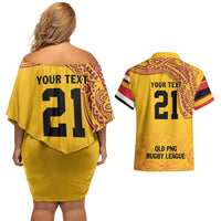 Queensland Papua New Guinea Custom Couples Matching Off Shoulder Short Dress and Hawaiian Shirt All Gold Pacific PNG Tribal Style
