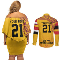 Queensland Papua New Guinea Custom Couples Matching Off Shoulder Short Dress and Long Sleeve Button Shirt All Gold Pacific PNG Tribal Style