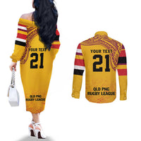 Queensland Papua New Guinea Custom Couples Matching Off The Shoulder Long Sleeve Dress and Long Sleeve Button Shirt All Gold Pacific PNG Tribal Style
