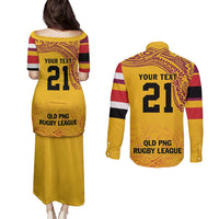 Queensland Papua New Guinea Custom Couples Matching Puletasi and Long Sleeve Button Shirt All Gold Pacific PNG Tribal Style