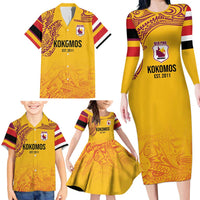 Queensland Papua New Guinea Custom Family Matching Long Sleeve Bodycon Dress and Hawaiian Shirt All Gold Pacific PNG Tribal Style