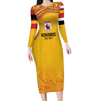 Queensland Papua New Guinea Custom Long Sleeve Bodycon Dress All Gold Pacific PNG Tribal Style
