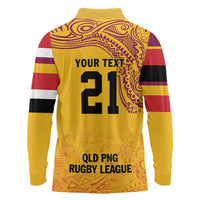 Queensland Papua New Guinea Custom Long Sleeve Polo Shirt All Gold Pacific PNG Tribal Style