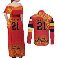 Queensland Papua New Guinea Custom Couples Matching Off Shoulder Maxi Dress and Long Sleeve Button Shirt All Red Pacific PNG Tribal Style