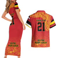 Queensland Papua New Guinea Custom Couples Matching Short Sleeve Bodycon Dress and Hawaiian Shirt All Red Pacific PNG Tribal Style