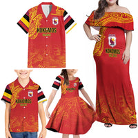 Queensland Papua New Guinea Custom Family Matching Off Shoulder Maxi Dress and Hawaiian Shirt All Red Pacific PNG Tribal Style LT9 - Polynesian Pride