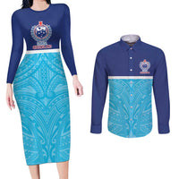 Queensland Samoa Custom Couples Matching Long Sleeve Bodycon Dress and Long Sleeve Button Shirt Blue Pacific Polynesian Tribal Pattern