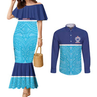 Queensland Samoa Custom Couples Matching Mermaid Dress and Long Sleeve Button Shirt Blue Pacific Polynesian Tribal Pattern