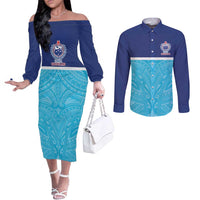 Queensland Samoa Custom Couples Matching Off The Shoulder Long Sleeve Dress and Long Sleeve Button Shirt Blue Pacific Polynesian Tribal Pattern