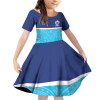Queensland Samoa Custom Family Matching Off Shoulder Short Dress and Hawaiian Shirt Blue Pacific Polynesian Tribal Pattern LT9 Daughter's Dress Blue - Polynesian Pride