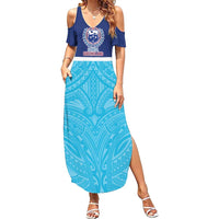 Queensland Samoa Custom Family Matching Summer Maxi Dress and Hawaiian Shirt Blue Pacific Polynesian Tribal Pattern LT9 Mom's Dress Blue - Polynesian Pride