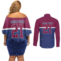 Queensland Samoa Custom Couples Matching Off Shoulder Short Dress and Long Sleeve Button Shirt Maroon-Blue Pacific Polynesian Tribal Pattern