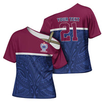 Queensland Samoa Custom Cross Shoulder Shirt Maroon-Blue Pacific Polynesian Tribal Pattern - Polynesian Pride
