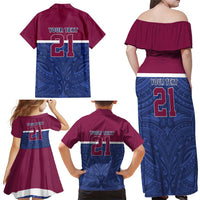 Queensland Samoa Custom Family Matching Off Shoulder Maxi Dress and Hawaiian Shirt Maroon-Blue Pacific Polynesian Tribal Pattern