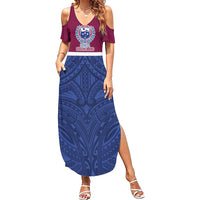 Queensland Samoa Custom Family Matching Summer Maxi Dress and Hawaiian Shirt Maroon-Blue Pacific Polynesian Tribal Pattern LT9 Mom's Dress Dark Blue - Polynesian Pride