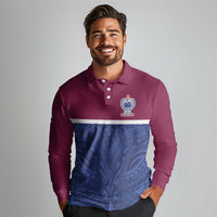 Queensland Samoa Custom Long Sleeve Polo Shirt Maroon-Blue Pacific Polynesian Tribal Pattern