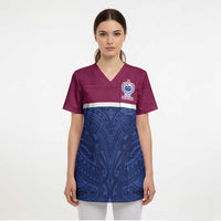 Queensland Samoa Custom Scrub Top Maroon-Blue Pacific Polynesian Tribal Pattern - Polynesian Pride