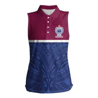 Queensland Samoa Custom Women Sleeveless Polo Shirt Maroon-Blue Pacific Polynesian Tribal Pattern