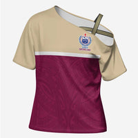Queensland Samoa Custom Cross Shoulder Shirt Maroon Pacific Polynesian Tribal Pattern - Polynesian Pride