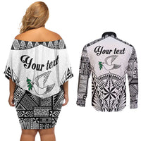 Personalised Tonga 676 Couples Matching Off Shoulder Short Dress and Long Sleeve Button Shirt Tribal Kupesi Ngatu Unique