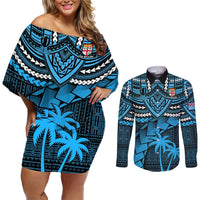 Fiji Rugby Couples Matching Off Shoulder Short Dress and Long Sleeve Button Shirts Go Fijian Tapa Arty with World Cup Vibe LT9 Blue - Polynesian Pride
