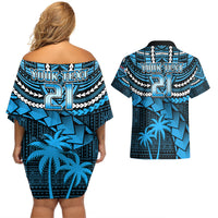 Custom Fiji Rugby Couples Matching Off Shoulder Short Dress and Hawaiian Shirt Go Fijian Tapa Arty with World Cup Vibe LT9 - Polynesian Pride