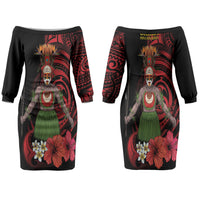 Huli Wigmen Tribe Hela Province Family Matching Off The Shoulder Long Sleeve Dress and Hawaiian Shirt Papua New Guinea Indigenous Pattern LT9 Mom's Dress Black - Polynesian Pride