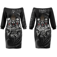 Skeleton Tribe Simbu Province Family Matching Off The Shoulder Long Sleeve Dress and Hawaiian Shirt Papua New Guinea Indigenous Pattern LT9 Mom's Dress Black - Polynesian Pride