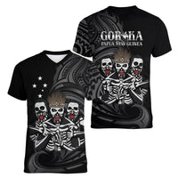 Skeleton Tribe Simbu Province Women V-Neck T-Shirt Papua New Guinea Indigenous Pattern LT9 - Polynesian Pride