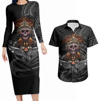 Mokomoko Tribe Eastern Highlands Province Couples Matching Long Sleeve Bodycon Dress and Hawaiian Shirt Papua New Guinea Indigenous Pattern LT9 Black - Polynesian Pride