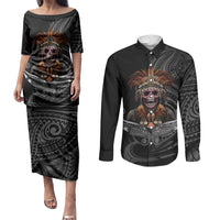 Mokomoko Tribe Eastern Highlands Province Couples Matching Puletasi and Long Sleeve Button Shirt Papua New Guinea Indigenous Pattern LT9 Black - Polynesian Pride