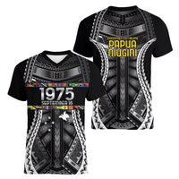 Independen Stet bilong Papua Niugini 1975 Women V-Neck T-Shirt Black Tribal Papua New Guinea Province Flag LT9 - Polynesian Pride