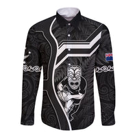 New Zealand Aotearoa Rugby Long Sleeve Button Shirt Black Fern Maori Tribal Sporty Style LT9 Unisex Black - Polynesian Pride