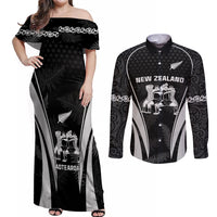 New Zealand Aotearoa Rugby Couples Matching Off Shoulder Maxi Dress and Long Sleeve Button Shirt Haka Dance Mixed Silver Fern Sporty Style LT9 Black - Polynesian Pride